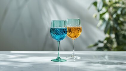 Colorful wine glasses arranged for a celebration, beverage presentation, World Alcohol Awareness Day