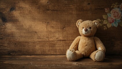 Vintage fabric teddy bear antique toy on wooden background, highlighting nostalgic craftsmanship