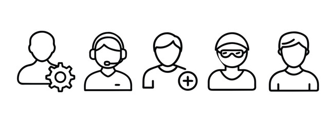 Set of simple user icons with various attributes and masks on transparent background