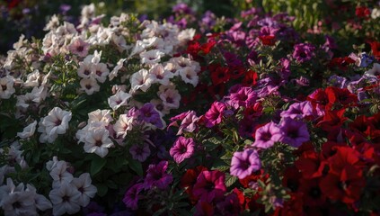 Obraz premium Petunia flower bed showcasing vibrant shades of white, purple, pink, and red, suitable for floral backdrop use