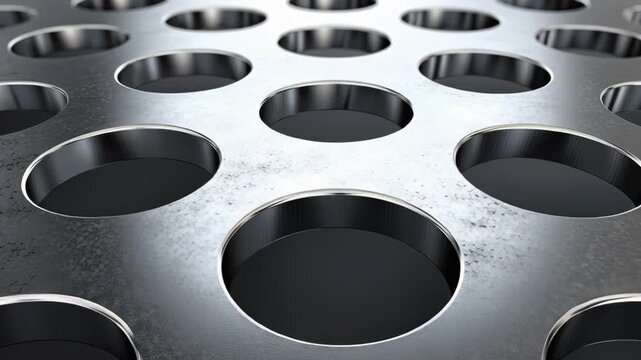 A close up of a metal surface with many holes. The holes are all the same size and are evenly spaced. The surface appears to be made of metal and has a shiny, reflective quality