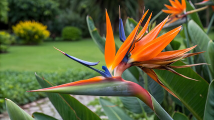 Vibrant bird of paradise flower showcasing its unique orange and blue petals in a lush garden