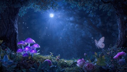 Enchanted forest scene with fantasy mushrooms and blooming roses, butterfly resting amongst luminous stars and moon rays, Nighttime