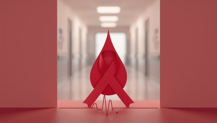 Health awareness display with a red paper cut blood drop and ribbon symbol, highlighting medical campaigns