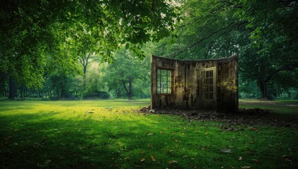 Unsettling vacant interior within a park environment, highlighting deterioration and desolation