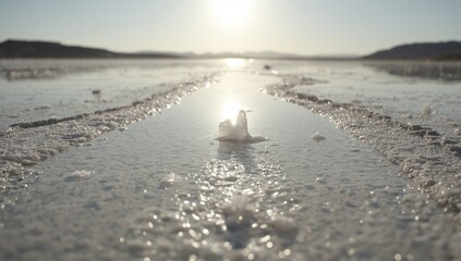 Salt-encrusted shoreline illuminated by dawn, with shallow seawater pools at highly saline lake, World Salt Day