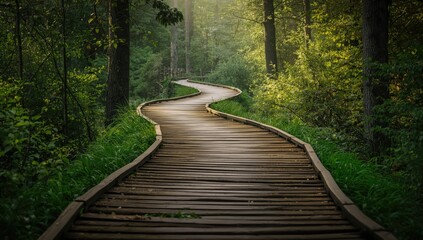 Obraz premium Weathered wooden trail in a dense forest, emphasizing trail erosion risk and conservation