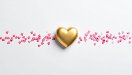 Golden heart with pink confetti on white background