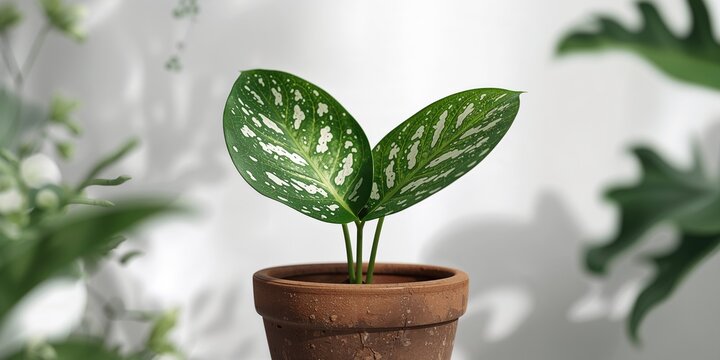 White-spotted wide leaf of Begonia Lucerna in a terracotta pot, suitable for plant collection or urban gardening