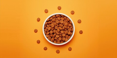Flat lay of dry dog food in a feeding bowl against vibrant orange, focused on pet meal hygiene