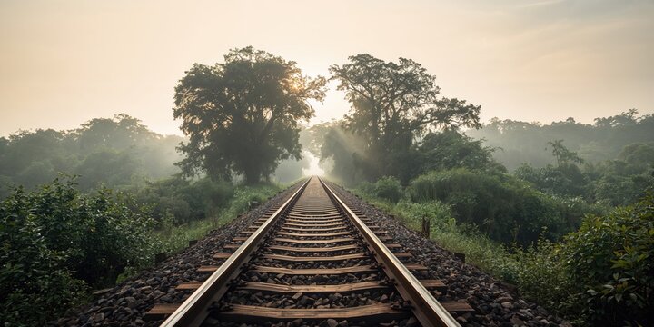 Railroad tracks stretching into the distance among towering trees in Myanmar, transportation infrastructure