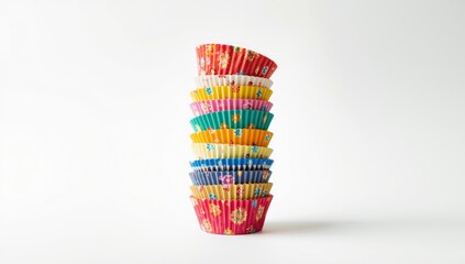 Brightly colored cupcake wrappers on a white backdrop used as a background for editorial and graphic layouts