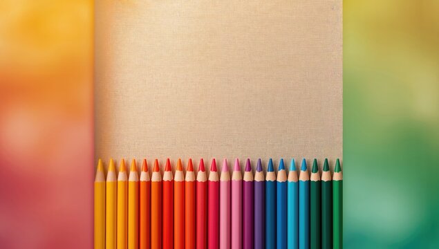 Top-down view of colored crayons lined up on textured surface, ideal for editorial backgrounds, World Art Day