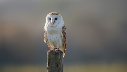 Barn Owl resting on a wooden post in bright winter sunlight, highlighting habitat preservation.