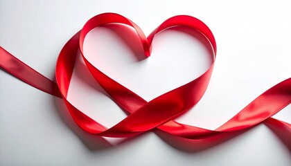 Red ribbon forming heart shape on white background
