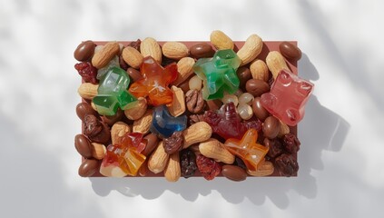 Assorted industrial gummy candies including capsules, talismans, and glazed nuts on a white background, related to candy manufacturing, National Candy Month