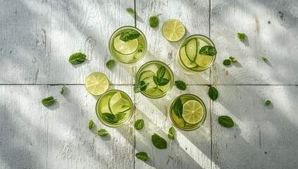 Cold drink featuring cucumber, lime, and mint on a white rustic surface, ideal for menu backgrounds, World Water Day