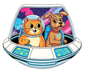 Cartoon cat and dog flying in spaceship through outer space  