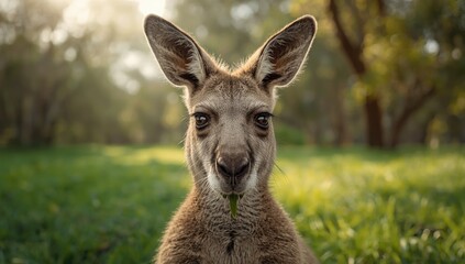 Obraz premium Detailed view of an old kangaroo with weathered features chewing grass on Raymond Island, animal health monitoring