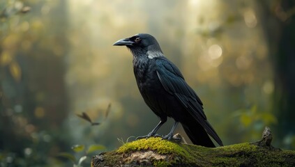 Fototapeta premium Carrion Crow sitting on moss with a clean background highlighting bird behavior, World Bird Day