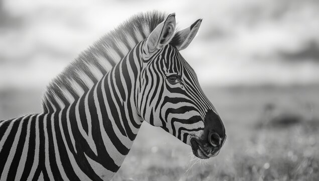 Side view of a zebras head in black and white, focused on pattern contrast, ideal for natural textures or wildlife themes - Powered by Adobe