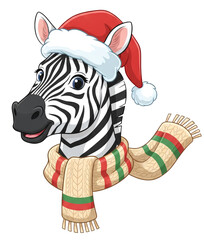 Cartoon zebra wearing a Santa hat and scarf for Christmas theme  
