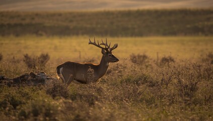 Fototapeta premium A lone deer in a natural setting, looking away from herd members, highlighting wildlife tranquility