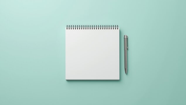 Overhead shot of a spiral-bound blank notebook with a pen on a desk, used as a writing or note-taking background