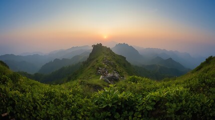 Serene mountain landscape at sunset with lush greenery