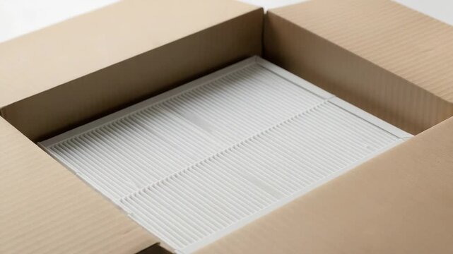 	Close-up of a HEPA air filter (new and clean) being unboxed, camera slowly orbits the filter unit.