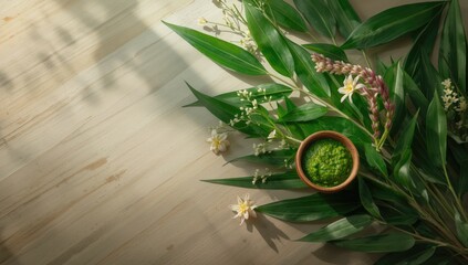 Folk food ingredients featuring neem leaves and flowers against a Thai nature background, emphasizing traditional health practices