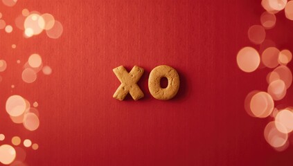Red background featuring gingerbread biscuit with XO message, seasonal confectionery display, holiday festivities