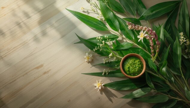 Folk food ingredients featuring neem leaves and flowers against a Thai nature background, emphasizing traditional health practices