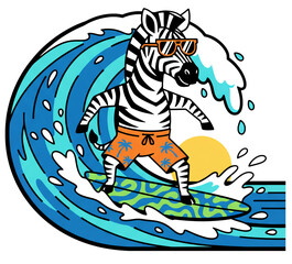 Cartoon zebra surfing on a wave in colorful beachwear with sunglasses  