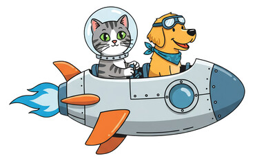 Cartoon cat and dog flying in a rocket ship through space  