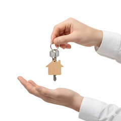 Real estate agent's hand giving house keys to a new homeowner against on a white or transparent background.