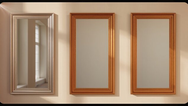 Realistic icon set showcasing large vertical mirrors with reflective surfaces framed in silver, oak, and gold, suitable as UI backgrounds