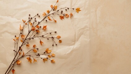 Fall scene featuring crumpled craft paper, yellow leaves, and thuja seeds, ideal for seasonal design layouts, seasonal change