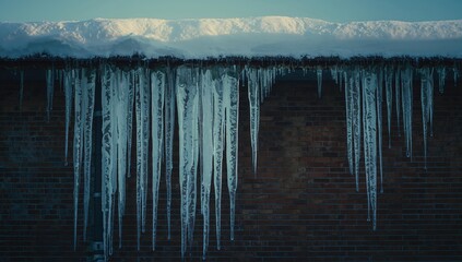 Frozen ice structures hanging from industrial pipes due to insufficient insulation, cold weather safety