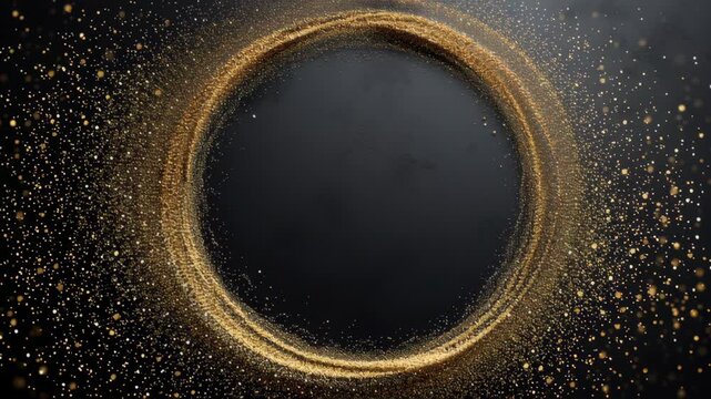 A gold circle with a black background. The circle is surrounded by a lot of gold dust. The circle is the main focus of the image