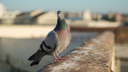 City bird perched on a ledge with detailed plumage and shiny neck feathers, daylight illumination, urban wildlife awareness