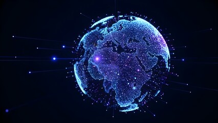 Digital Earth Network: Global Connectivity with Futuristic Blue Particle World Map, Data Streams, and Glowing City Lights - 3D Rendering