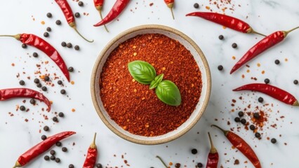 Red Pepper Seasoning: Ceramic bowl filled with hot chili flakes surrounded by dried peppers and peppercorns on marble surface.