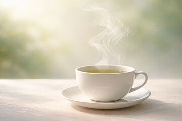 Fototapeta premium Serene cup of steaming green tea resting on a soft surface evoking tranquility and mindfulness in a natural light ambiance captured with clarity