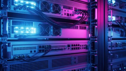 Modern Server Management: High performance computing hardware with neon pink and blue illumination for digital data storage.