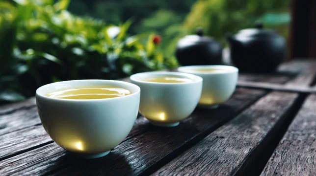 White Tea Cups Filled With Green Tea on Wooden Table