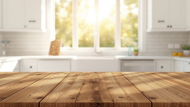 Bright white kitchen with an empty wooden table ideal for interior staging or food photography backgrounds