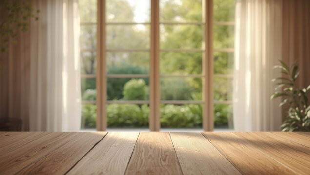 Wooden surface with a blurred window view of greenery, designed as a background for text or layout, World Environment Day