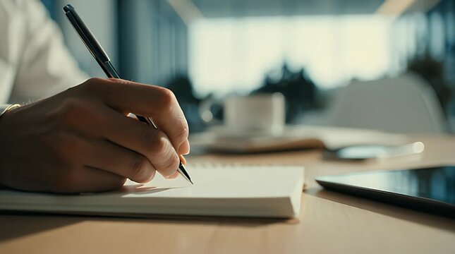 Close-up View of a Person Writing Notes with a Pen on a Notebook in a Modern Office Environment