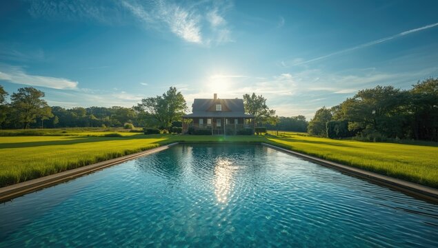 Residence situated in a waterless pool area in the dry season, highlighting climate effects